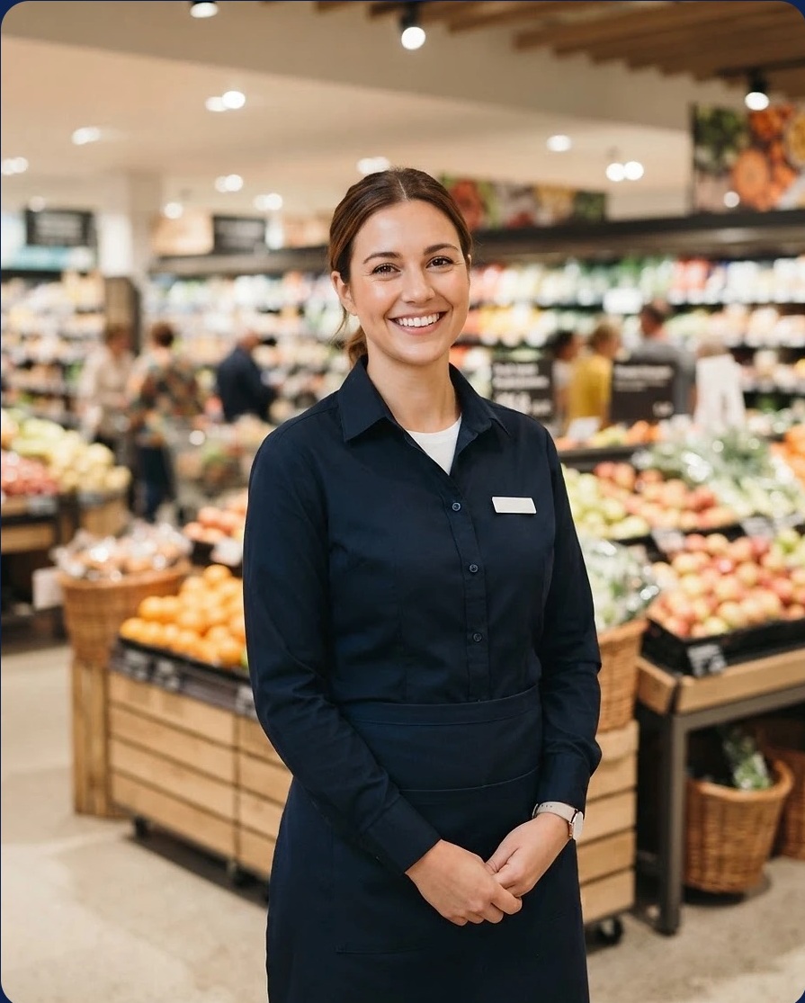 Empleada de Intercon en la sección de frutería del supermercado